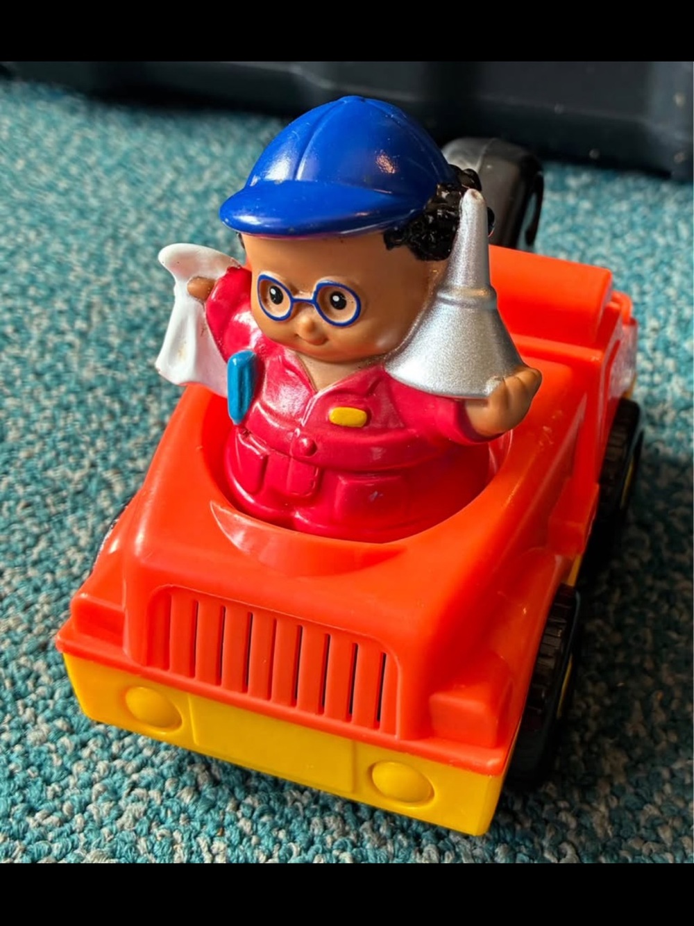 Kids Orange Rescue Car with Blue Hat Mechanic - Fisher Price Little People